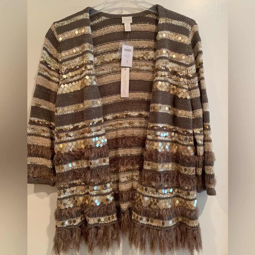 Chicos Mirror Front Greta Cardigan Size 3 Gold Neutral Combo